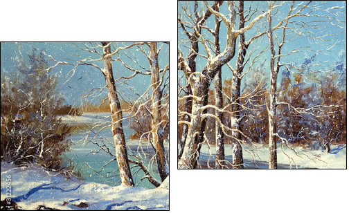 Winter landscape on the bank of the river  - Obraz dwuczęściowy, Dyptyk