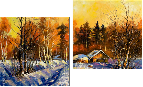 Evening in winter village  - Obraz dwuczęściowy, Dyptyk