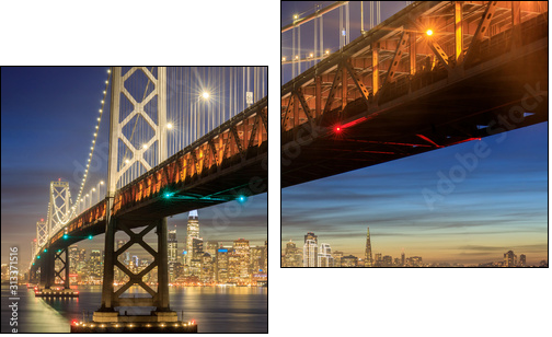 Western Span of San Francisco-Oakland Bay Bridge and San Francisco Waterfront in Blue Hour. Shot from Yerba Buena Island, San Francisco, California, USA. - Obraz dwuczęściowy, Dyptyk