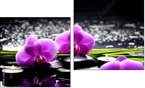 Spa still life with set of pink orchid and stones reflection  - Obraz dwuczęściowy, Dyptyk