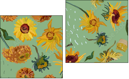 Sunflower flowers on a background of sea green. Vector illustration based on the painting of Van Gogh. - Obraz dwuczęściowy, Dyptyk