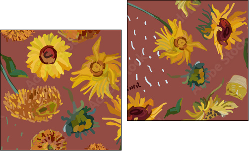 Sunflower flowers on a background of sea green. Vector illustration based on the painting of Van Gogh. - Obraz dwuczęściowy, Dyptyk
