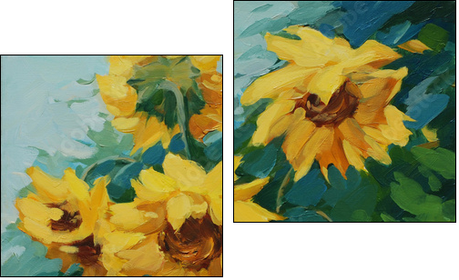 Pole słoneczników malowane na płótnie - Obraz dwuczęściowy, Dyptyk