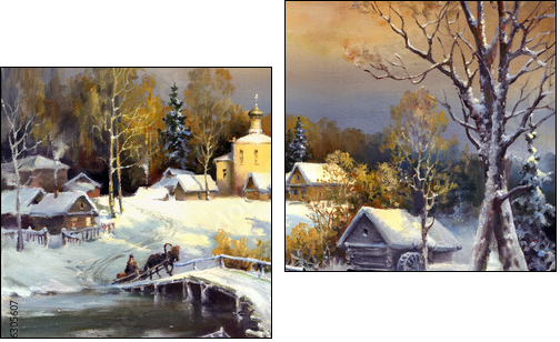 Rural landscape, oil on a canvas  - Obraz dwuczęściowy, Dyptyk