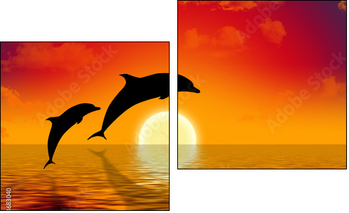 Skaczące delfiny na tle zachodzącego słońca
 - Obraz dwuczęściowy, Dyptyk