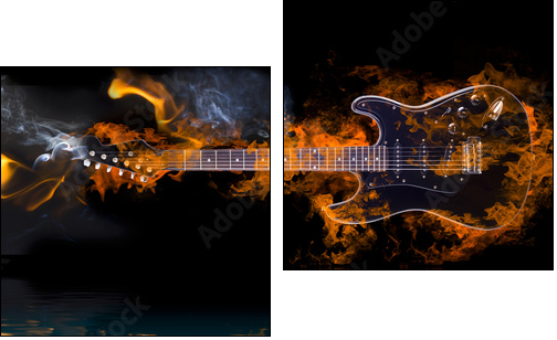 Burning Electric Guitar with reflection in water  - Obraz dwuczęściowy, Dyptyk