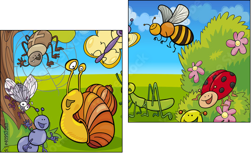 cartoon insects on the meadow  - Obraz dwuczęściowy, Dyptyk
