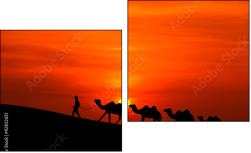 camel caravan sillhouette with sunset  - Obraz dwuczęściowy, Dyptyk