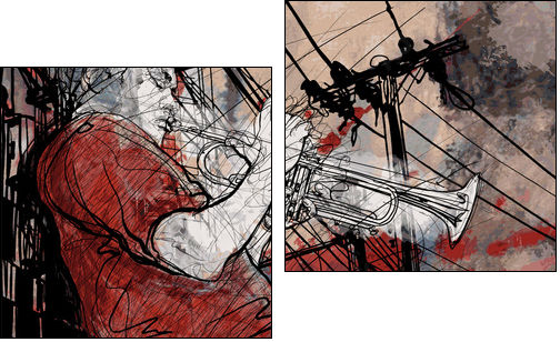 trumpeter on a grunge cityscape background  - Obraz dwuczęściowy, Dyptyk