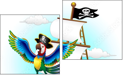 Pappagallo su Nave Pirata Cartoon Pirate Macaw Parrot on Ship  - Obraz dwuczęściowy, Dyptyk
