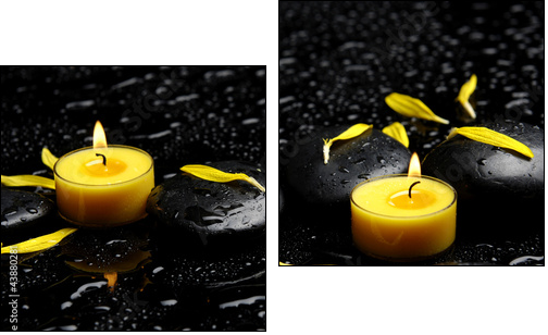 Spa concept-two candle with yellow flower petals on pebbles  - Obraz dwuczęściowy, Dyptyk