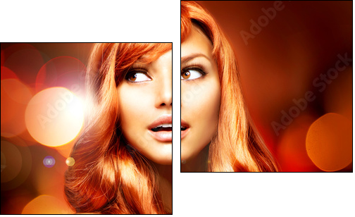Beautiful Girl With Shiny Red Long Hair over Blinking Background  - Obraz dwuczęściowy, Dyptyk