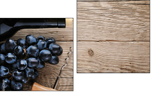 Bottle of wine, corkscrew and grape on wooden background  - Obraz dwuczęściowy, Dyptyk