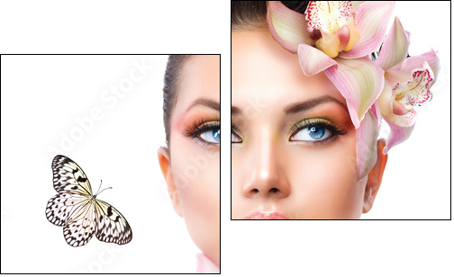 Beautiful Girl With Orchid Flowers and Butterfly  - Obraz dwuczęściowy, Dyptyk