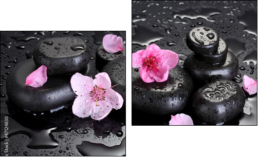 Spa stones with drops and pink sakura flowers  - Obraz dwuczęściowy, Dyptyk