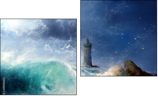 Seascape Wave and lighthouse  - Obraz dwuczęściowy, Dyptyk