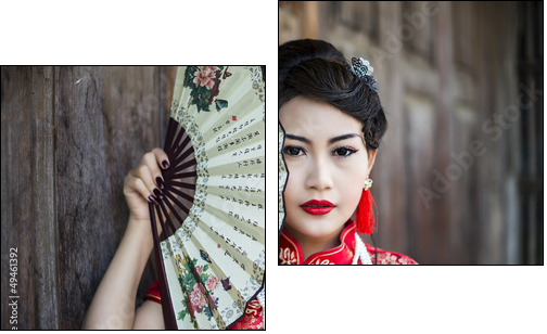 Chinese girl in traditional Chinese cheongsam blessing  - Obraz dwuczęściowy, Dyptyk