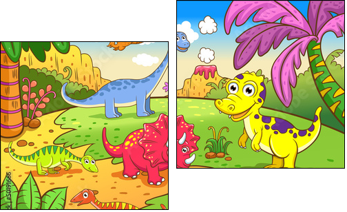 Cute dinosaurs in prehistoric scene  - Obraz dwuczęściowy, Dyptyk