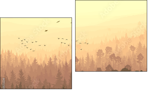 Wild birds in coniferous wood in morning fog.  - Obraz dwuczęściowy, Dyptyk