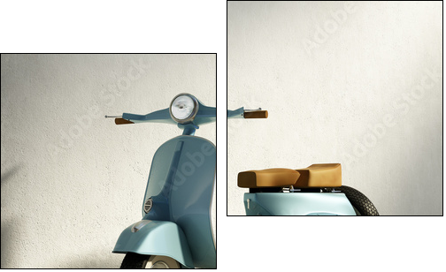 Vintage blue motorcycle vespa, by wall with fallen leaves  - Obraz dwuczęściowy, Dyptyk