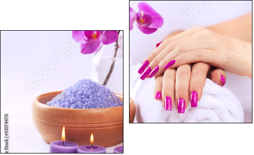 female hands with fragrant orchid and towel. Spa  - Obraz dwuczęściowy, Dyptyk