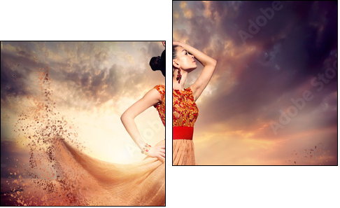 Dancing Fashion Woman wearing Blowing Long Chiffon Dress  - Obraz dwuczęściowy, Dyptyk