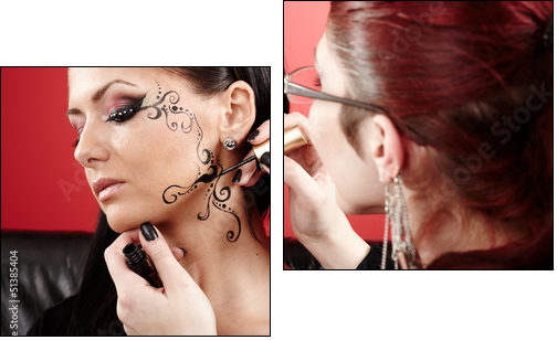Brunette having applied face tattoo by makeup artist  - Obraz dwuczęściowy, Dyptyk