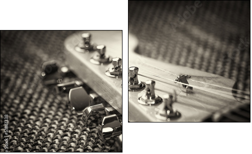 Electrical guitar headstock closeup. Sepia effect with vignette  - Obraz dwuczęściowy, Dyptyk
