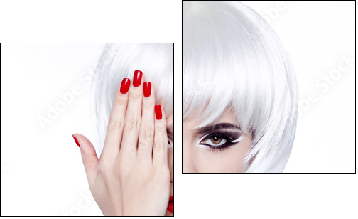 White Hair and Red Nails. Fashion Beauty Girl. Red lips. Manicur  - Obraz dwuczęściowy, Dyptyk