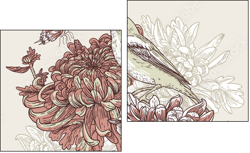 Flowers with bird illustration  - Obraz dwuczęściowy, Dyptyk