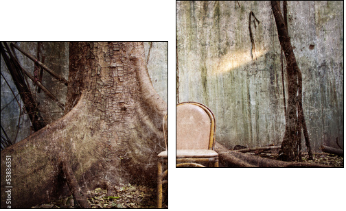 the tree, the old chair and the ruined wall - Grunge textured  - Obraz dwuczęściowy, Dyptyk