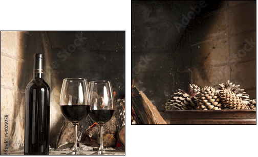 Copas de vino y botella de vino tinto, mano, brindis  - Obraz dwuczęściowy, Dyptyk