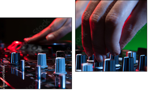 DJ at work. Close-up of DJ hands making music  - Obraz dwuczęściowy, Dyptyk