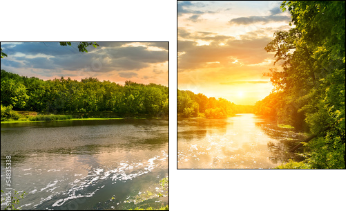 Sunset over the river in the forest  - Obraz dwuczęściowy, Dyptyk