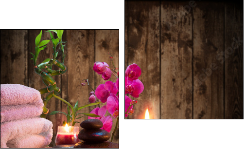 massage - bamboo - orchid, towels, candles stones  - Obraz dwuczęściowy, Dyptyk
