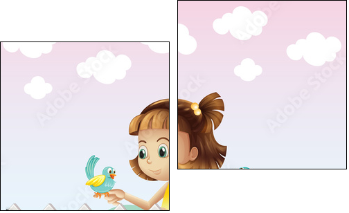A young girl playing with the birds near the fence  - Obraz dwuczęściowy, Dyptyk