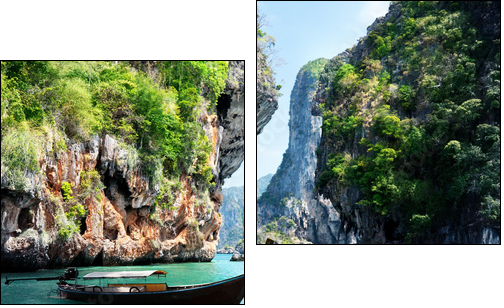 long boat and rocks on railay beach in Krabi, Thailand  - Obraz dwuczęściowy, Dyptyk
