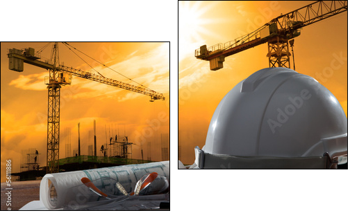 safety helmet and architect pland on wood table with sunset scen  - Obraz dwuczęściowy, Dyptyk