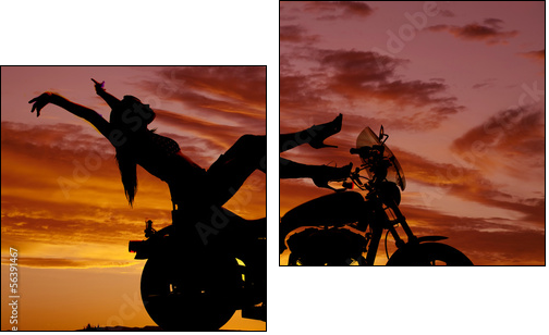 silhouette woman motorcycle heels up hands back  - Obraz dwuczęściowy, Dyptyk
