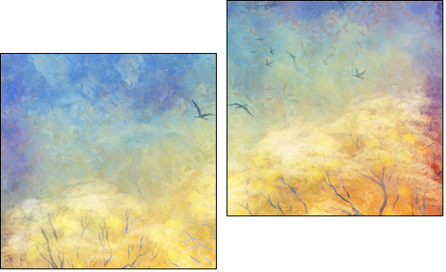 Digital oil painting autumn trees, flying birds  - Obraz dwuczęściowy, Dyptyk