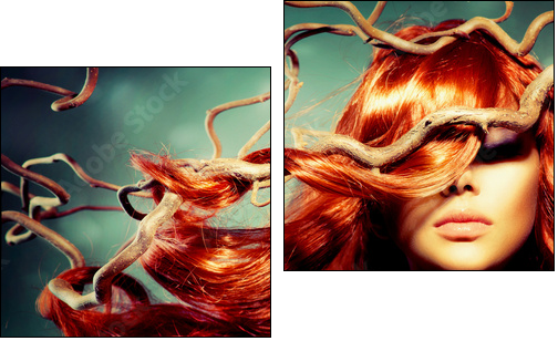 Fashion Model Woman Portrait with Long Curly Red Hair  - Obraz dwuczęściowy, Dyptyk