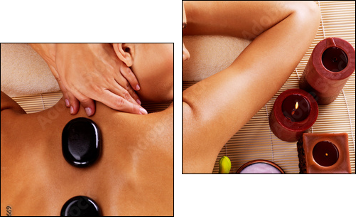 Adult woman having hot stone massage in spa salon  - Obraz dwuczęściowy, Dyptyk