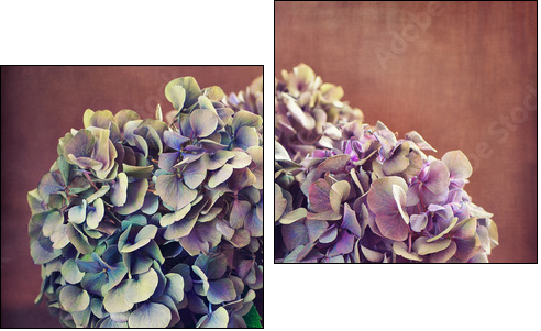 purple hydrangea flowers and a wooden heart on a table.  - Obraz dwuczęściowy, Dyptyk