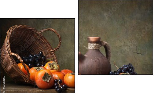 Still life with persimmons and grapes on the table  - Obraz dwuczęściowy, Dyptyk