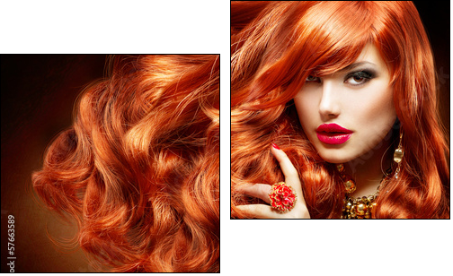 Long Curly Red Hair. Fashion Woman Portrait  - Obraz dwuczęściowy, Dyptyk