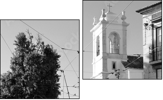 Lisbon old yellow tram over black and white background  - Obraz dwuczęściowy, Dyptyk
