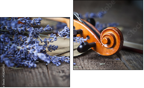 Vintage composition with violin and lavender  - Obraz dwuczęściowy, Dyptyk