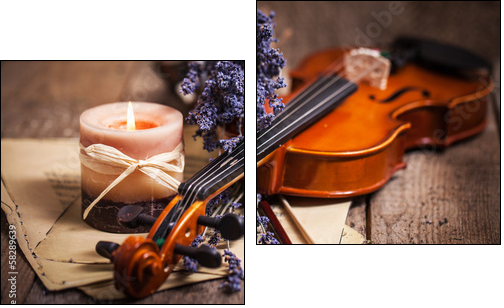 Vintage composition with violin and lavender  - Obraz dwuczęściowy, Dyptyk