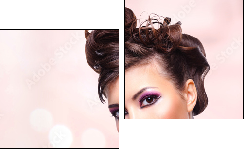 Face of beautiful woman with fashion hairstyle and glamour makeu  - Obraz dwuczęściowy, Dyptyk