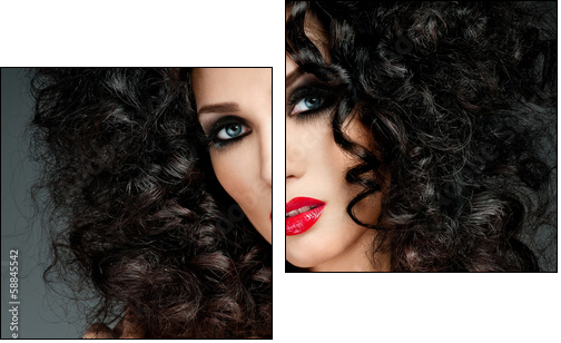 beautiful brunette with gorgeous curly hair  - Obraz dwuczęściowy, Dyptyk